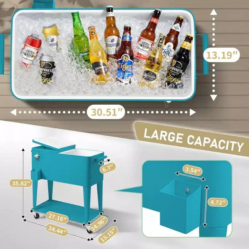 NAYSAYE Glacière à roulettes 80 Litres, Bar Portable avec Collecteur de Gouttes, Plateau de Rangement Inférieur pour Fête sur la Terrasse, Barbecue, Plage, Bleu, 34.3*15.2*35.8