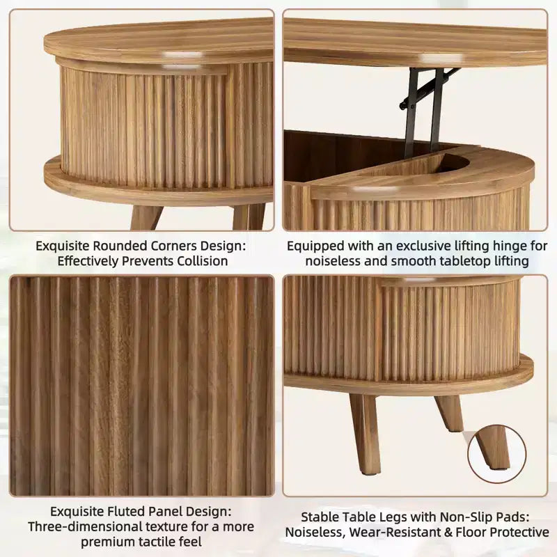 JVNOXK Fluted Lift Top Coffee Table with Hidden Compartment, Wooden Center Table, Modern Oval Lift Tabletop for Home Living Room Office, Walnut