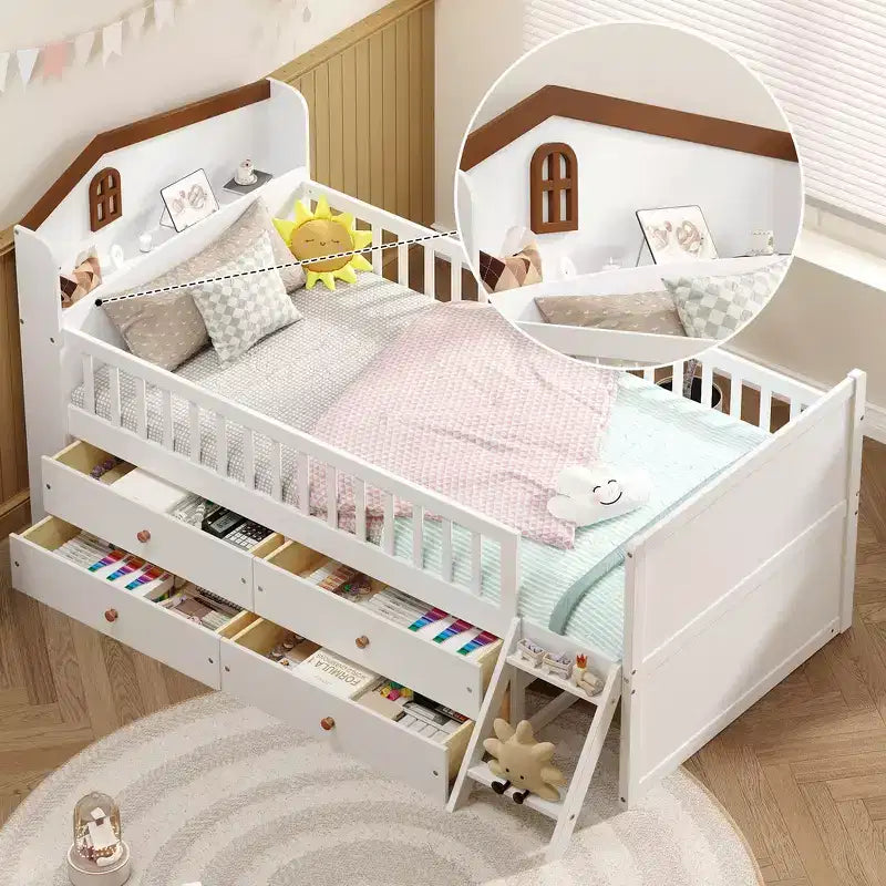 Whisen Twin Wooden Bed Frame, Platform Bed Frame with Storage 4 Drawers, Guardrail Headboard and Ladder
