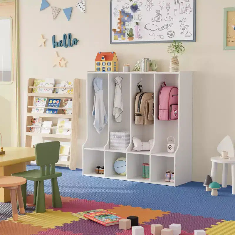 Acekool 4-Section Kids Coat Locker with 4 Cubbies & 8 Hooks for Classroom, Nursery & Home