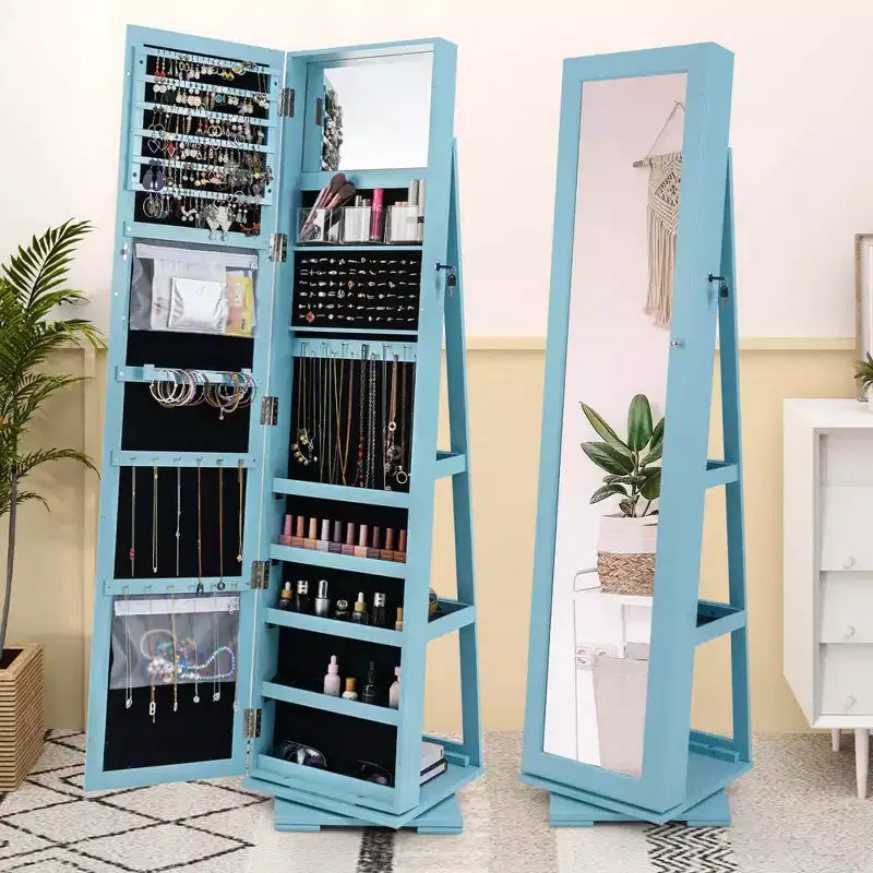 Costway Armoire à bijoux rotative à 360° 2-en-1 Organiseur miroir verrouillable Blanc/Noir/Marron foncé/Gris/Bleu/Rose/Violet/Gris foncé