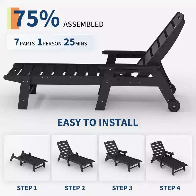 Lot de 2 chaises longues pliantes réglables 5 positions en PEHD, transats d'extérieur avec porte-gobelet, roulettes, accoudoirs, résine durable