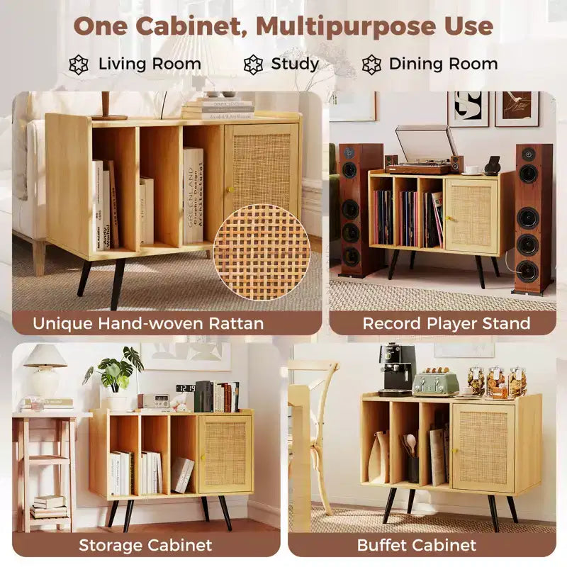 Costway Record Player Stand w/ Charging Station & Rattan Cabinet Adjustable Shelf