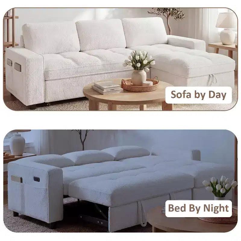 Canapé-lit convertible, canapé-lit en forme de L de 81 po avec méridienne de rangement réversible/port USB/poche latérale/assemblage sans outils, velours côtelé beige