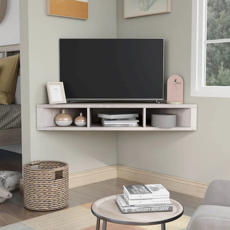 47 Corner Floating TV Stand, 3 Shelves, Transitional Style, Space-Saving Wall Mount