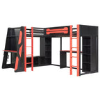L-Shaped Gaming Loft Bed with Desks, Double Twin Loft Beds with LED Lights, USB Ports, Storage Bookshelves, Wood Corner Loft Bed for 2