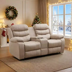 Beige/Gray Tech Fabric Reclining Loveseat Sofa, 2-Seat, Adjustable Backrest & Footrest