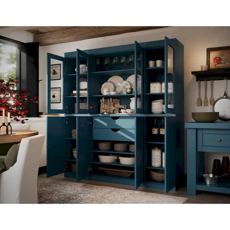100% Solid Wood Kitchen China Pantry Buffet with Glass or Solid Wood Doors and 2-Drawer Kit 65 x 71.5