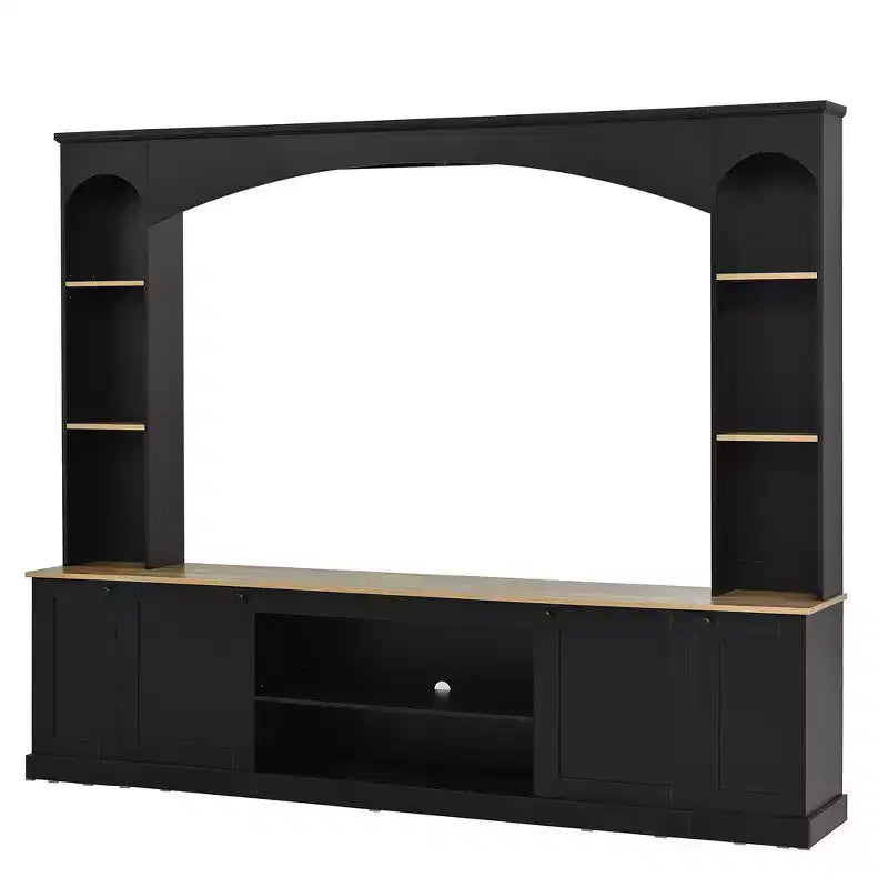 Whisen 91 Media Console, Arched Entertainment Center Wall Unit, Farmhouse TV Stand with Bookshelf, Wood Grain for TVs Up to 70