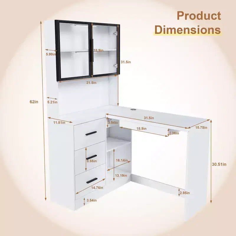 Bureau d'ordinateur JVNOXK avec armoire vitrée et éclairage LED intégré, bureau d'angle en L, avec ports de charge USB et plateau de clavier, blanc