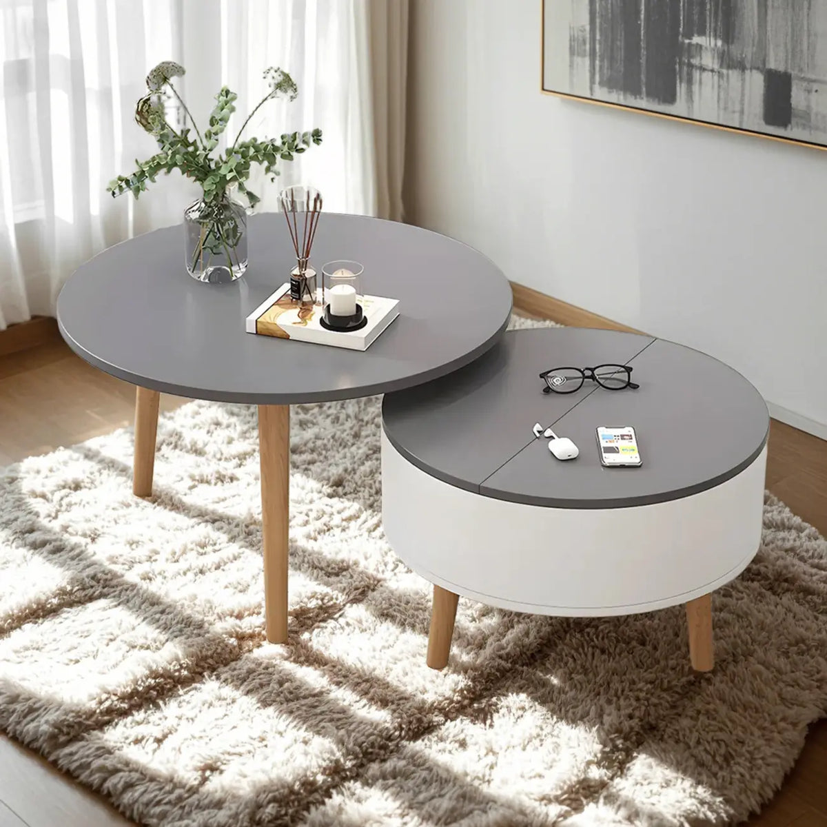 Black White Modern Round Wood Coffee Table with Storage