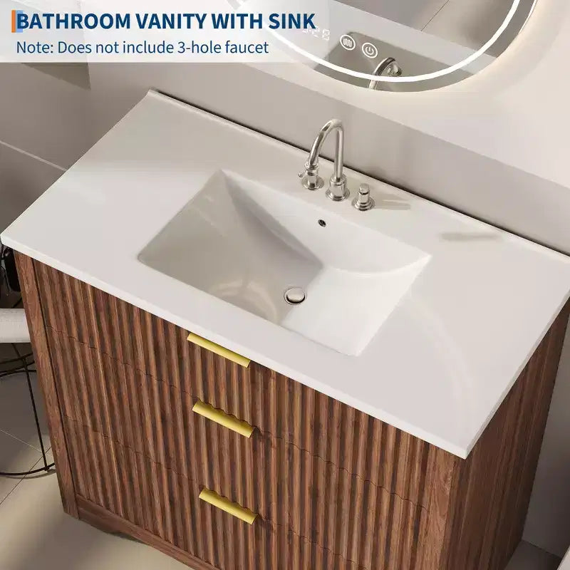 Modern Fluted Bathroom Vanity Set with Integrated Ceramic Basin Freestanding Bathroom Storage Vanity Cabinet with 3 Drawers for Contemporary Bathroom