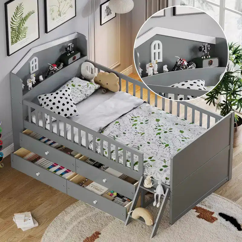 Whisen Twin Wooden Bed Frame, Platform Bed Frame with Storage 4 Drawers, Guardrail Headboard and Ladder