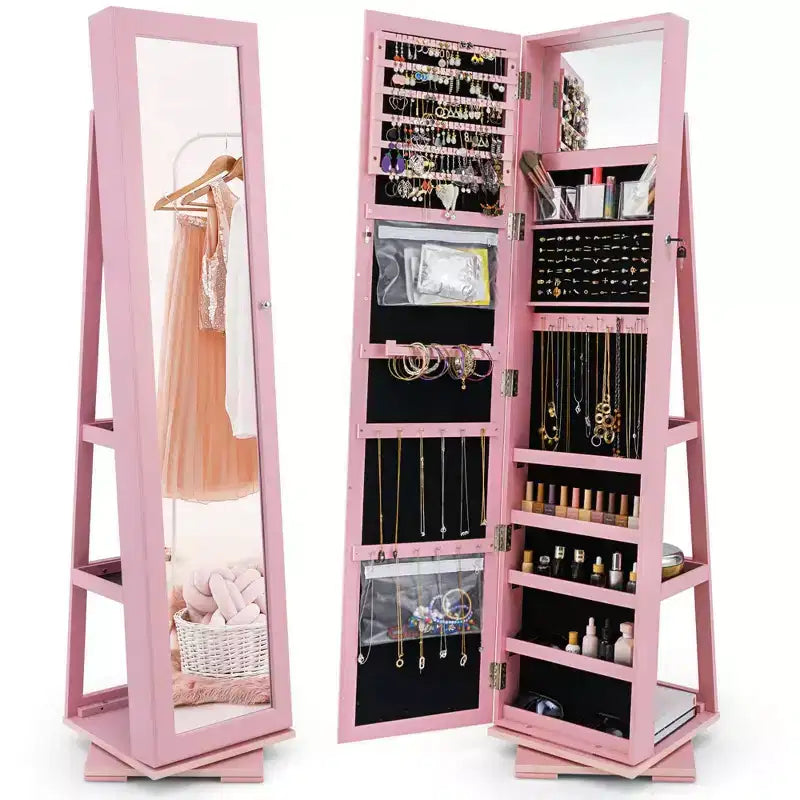 Costway 360degree Rotatable Jewelry Cabinet 2-in-1 Lockable Mirrored Organizer White/Black/Dark Brown/Gray/Blue/Pink/Purple/Dark Gray