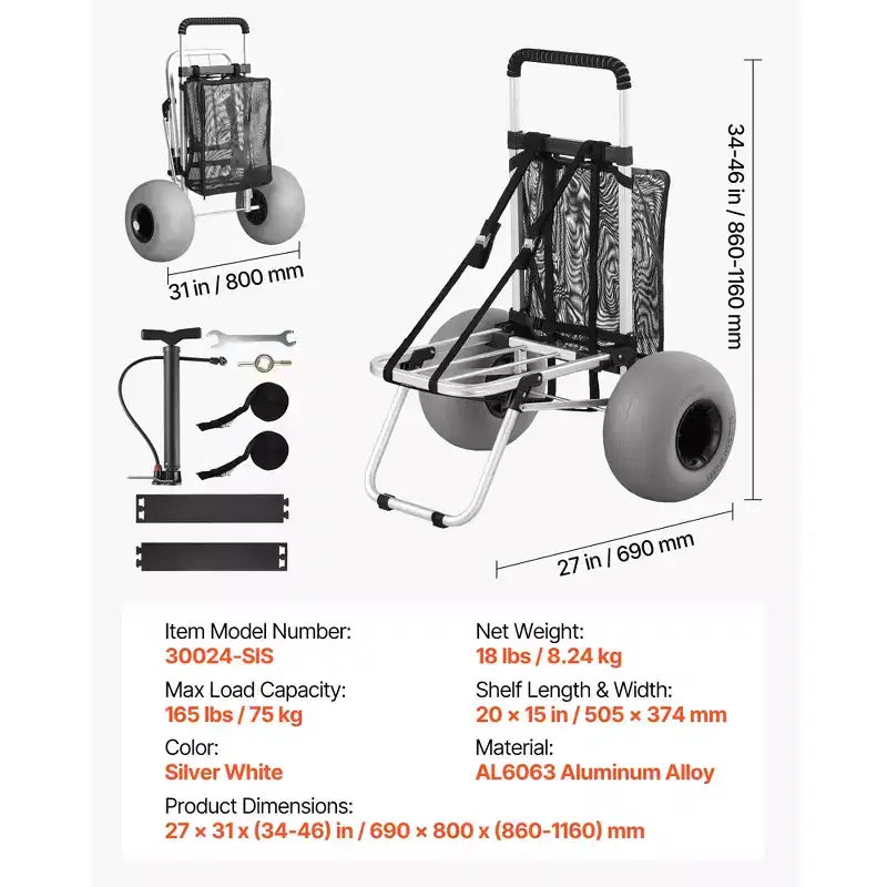 VEVOR Beach Dolly with Big Wheels for Sand, 20 x 15 Cargo Deck, Folding Sand Cart with 12 Balloon Wheels, 165 lbs Loading Capacity, Silver+Black