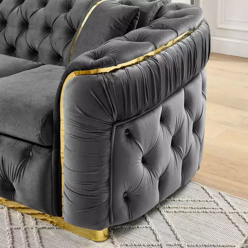 Luxurious 90.6 Inch Velvet Chesterfield Sofa with Button Tufting, Gold Accents, and 2 Pillows - Premium 280g Italian Velvet for Elegant Living Rooms