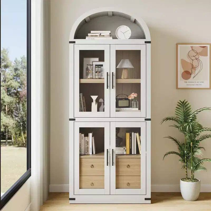 GustoWave 71.4 Tall Arched Bookcase with 4 Doors and 2 Drawers, 15.8 Depth Display Cabinet Storage Shelves ,Wooden Bookshelf