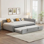 Upholstered Daybed with Twin Size Pop Up Trundle, Full Size Daybed Frame Sofa Bed with L-Shaped Backrest and Striped Design