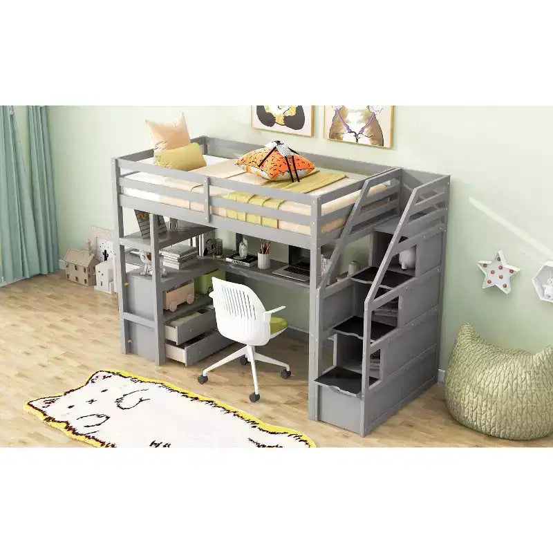 Lit superposé en bois massif Okak taille normale/double avec 2 tiroirs intégrés et escalier de rangement, lit mezzanine avec bureau et étagères pour enfants et adolescents, facile à assembler