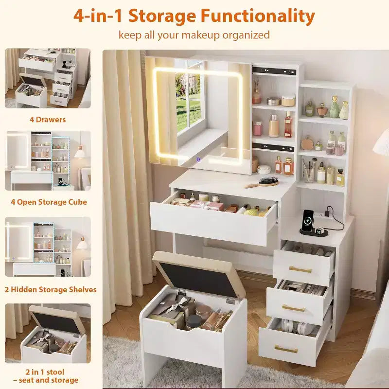 DobleePy Modern Vanity Desk with Sliding Mirror & LED Lights, 4 Drawers, 7 Shelves, Charging Station & Stool, Makeup Dressing Table for Bedroom