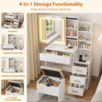 DobleePy Modern Vanity Desk with Sliding Mirror & LED Lights, 4 Drawers, 7 Shelves, Charging Station & Stool, Makeup Dressing Table for Bedroom