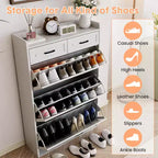Meuble à chaussures avec 3 tiroirs basculants et 2 tiroirs de rangement, organiseur de chaussures étroit peu encombrant avec étagères réglables pour entrée, blanc