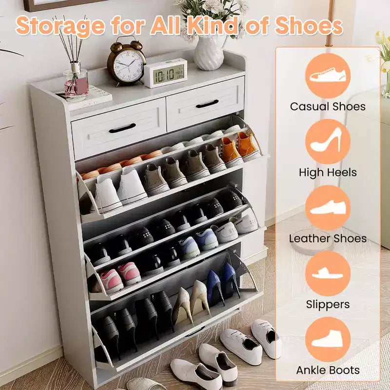 Meuble à chaussures avec 3 tiroirs basculants et 2 tiroirs de rangement, organiseur de chaussures étroit peu encombrant avec étagères réglables pour entrée, blanc
