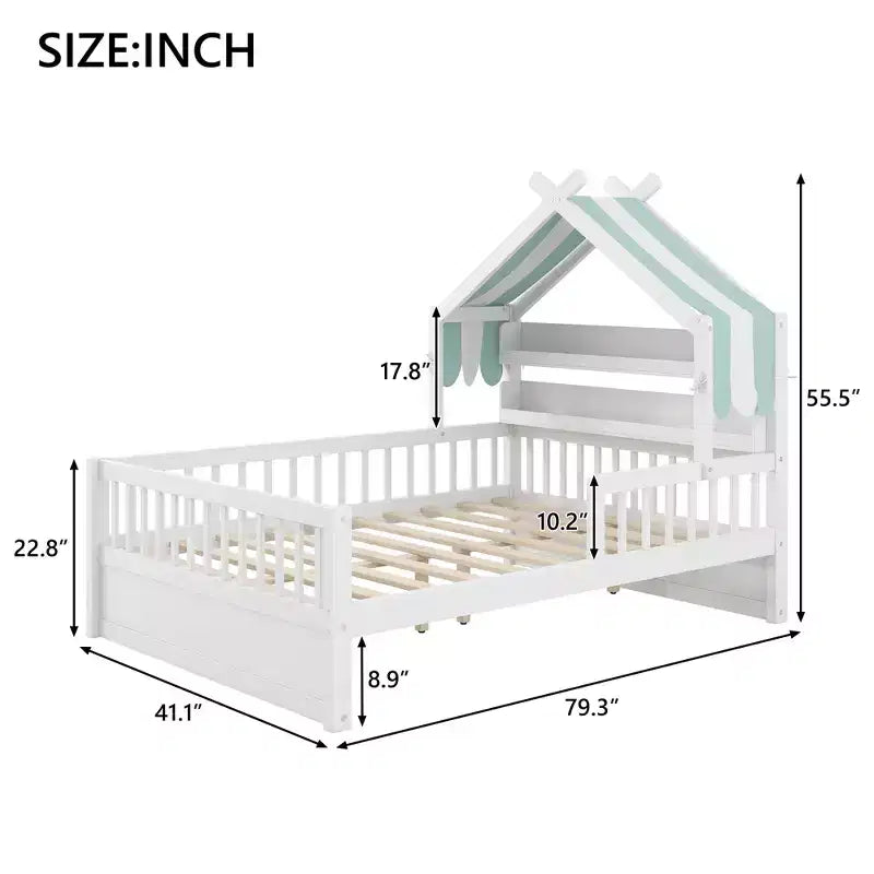 ModernLuxe Twin/Full Size Wooden House Bed with Storage Headboard, Solid Pine Kids Bed Frame with Guardrails