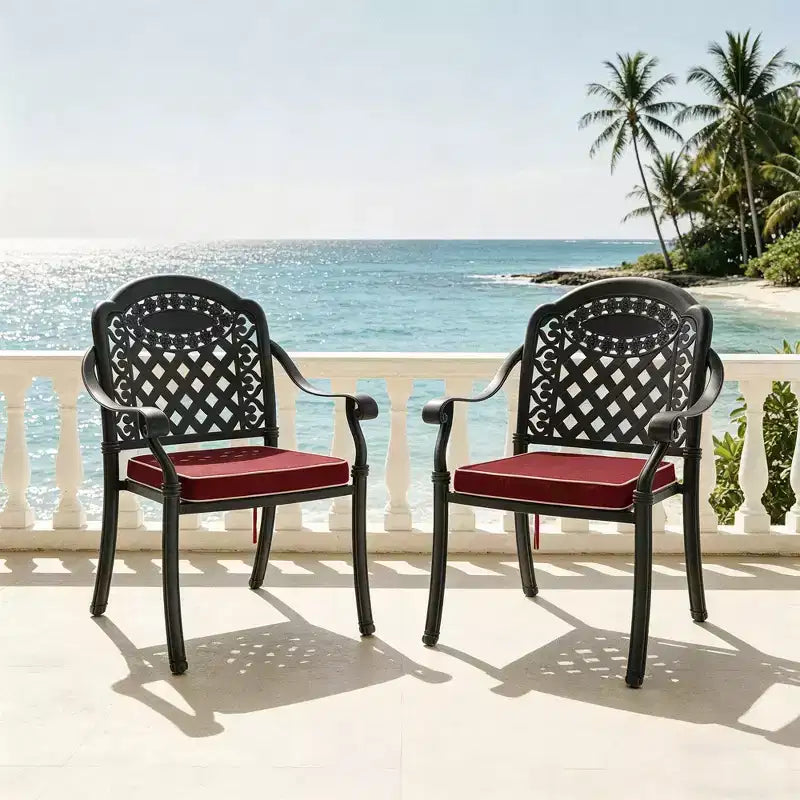 Set of 2 Cast Aluminum Patio Dining Chairs, Black Rust Resistant Frame with Water Resistant Cushions