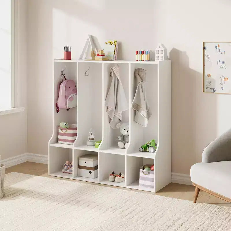Acekool 4-Section Kids Coat Locker with 4 Cubbies & 8 Hooks for Classroom, Nursery & Home
