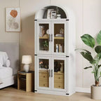 GustoWave 71.4 Tall Arched Bookcase with 4 Doors and 2 Drawers, 15.8 Depth Display Cabinet Storage Shelves ,Wooden Bookshelf