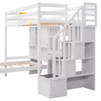 Wood Twin Size Bunk Bed with Desk and Staircase, L-Shaped Twin over Twin Loft Bed with Storage Compartments and Shelves