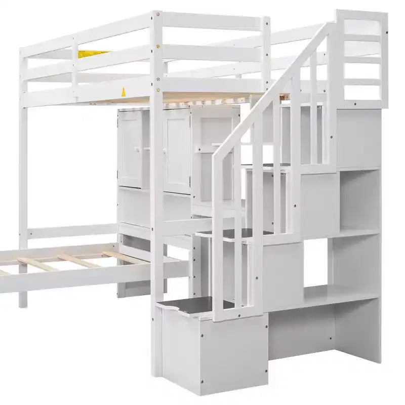 Wood Twin Size Bunk Bed with Desk and Staircase, L-Shaped Twin over Twin Loft Bed with Storage Compartments and Shelves