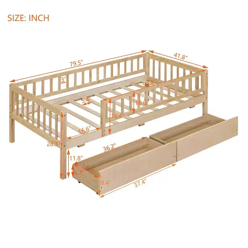 Twin Size Low Daybed with Storage Drawers, Wood Twin Platform Bed Frame with Rails for Boys and Girls Bedroom