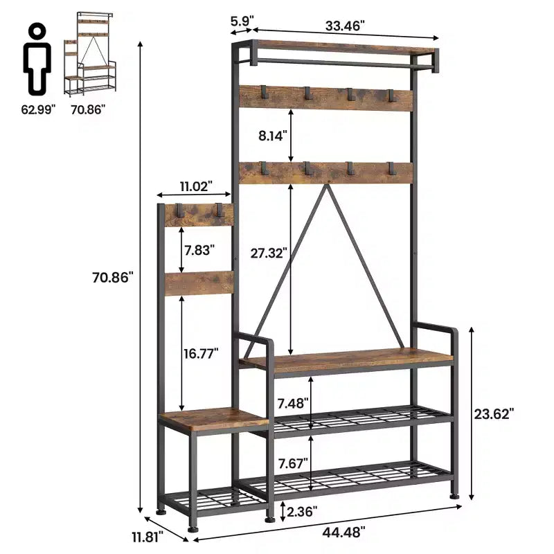 Entryway Shoe Storage Rack with Bench, Coat Rack Hall Tree with 7 Hooks and Storage Shelf, Entryway Coat Rack for Hallway Mudroom Bedroom