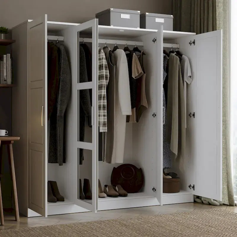 100% Solid Wood  4-Door Wardrobe with Solid Wood or Mirrored Doors