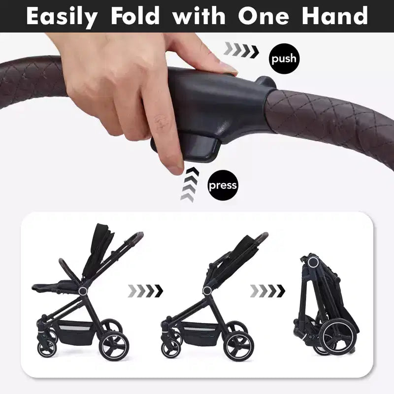 Baby Stroller, Foldable Stroller - High Landscape Pushchair for Newborn & Toddler, Convertible Pram with Reversible Backrest