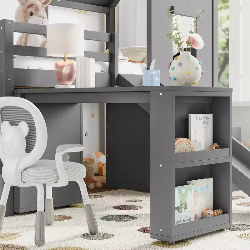 Letto a soppalco singolo con 3 cassetti e scala contenitore, struttura a casetta in legno con scivolo e scrivania rimovibile