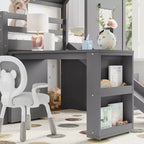 Letto a soppalco singolo con 3 cassetti e scala contenitore, struttura a casetta in legno con scivolo e scrivania rimovibile