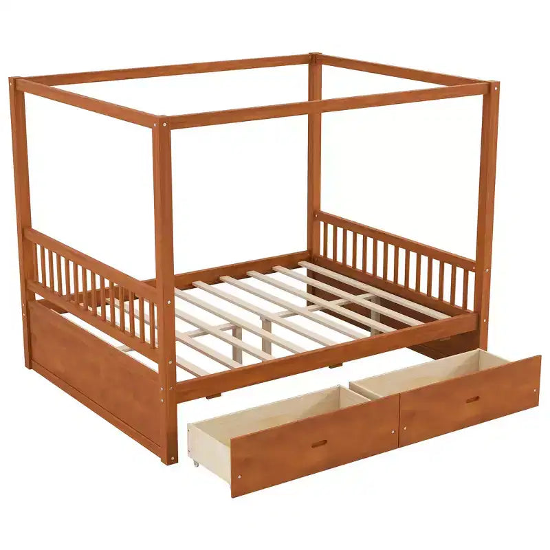 Cadre de lit à baldaquin en bois Whisen de taille Queen avec 2 tiroirs de rangement intégrés, construction robuste et durable