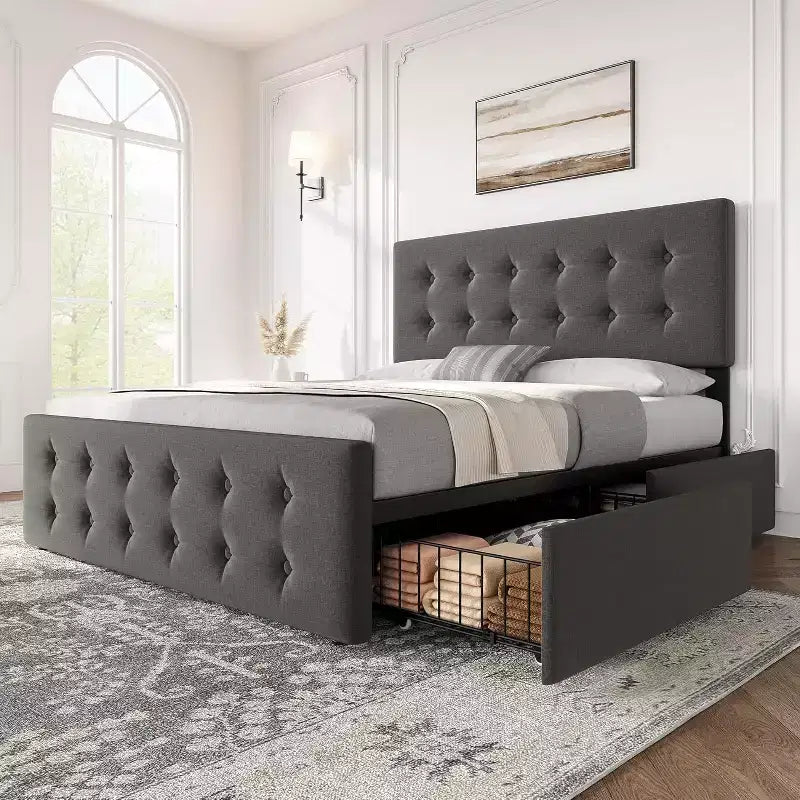 Storage Bed Frame with 4 Drawers & Adjustable Headboard - Upholstered Platform Bed