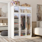 47.2 Wide Armoire LED Light All Glass Door Closet Cabinet Wardrobe