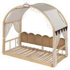 Solid Wood Playhouse Platform Bed Floor Montessori Bed Frame with Arched Roof and Trundle for Girls and Boys