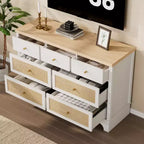 7 Drawer Dresser for Bedroom, 47.3 Wide Natural Rattan Chest of Drawers, Wood Boho Clothing Storage Organizer, for Living Room