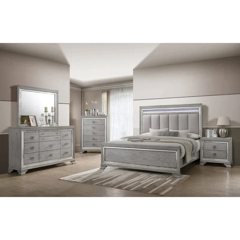Ensemble de chambre à coucher 6 pièces en panneau rembourré gris Evonne avec éclairage DEL