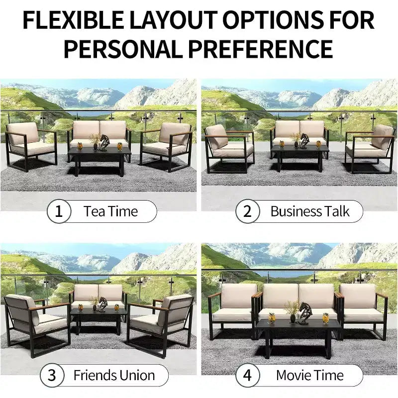 Ensembles de meubles de patio en métal d'extérieur pour 4 personnes, meubles de jardin avec causeuse et table basse, pour porche, appartements, jardin