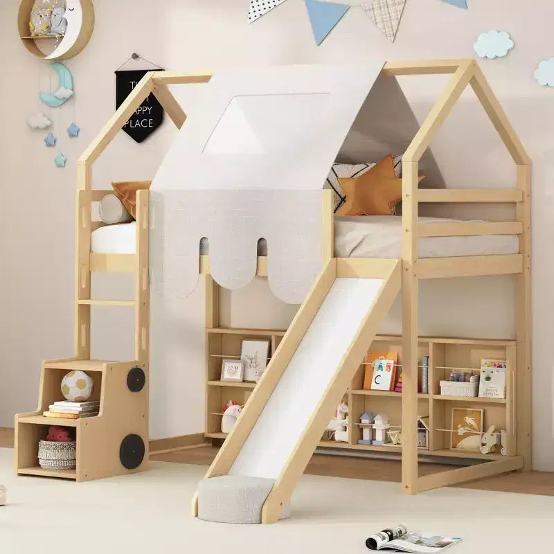 Lit mezzanine bas pour enfants avec toboggan et étagères de rangement, cadre de lit mezzanine en bois avec tente et escaliers