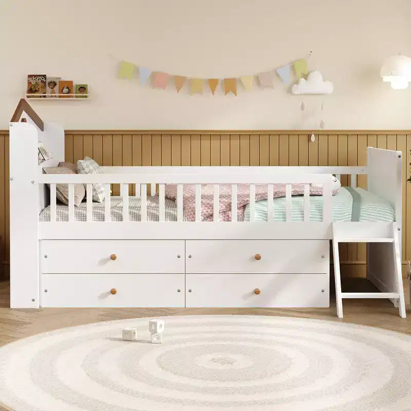 Whisen Twin Wooden Bed Frame, Platform Bed Frame with Storage 4 Drawers, Guardrail Headboard and Ladder