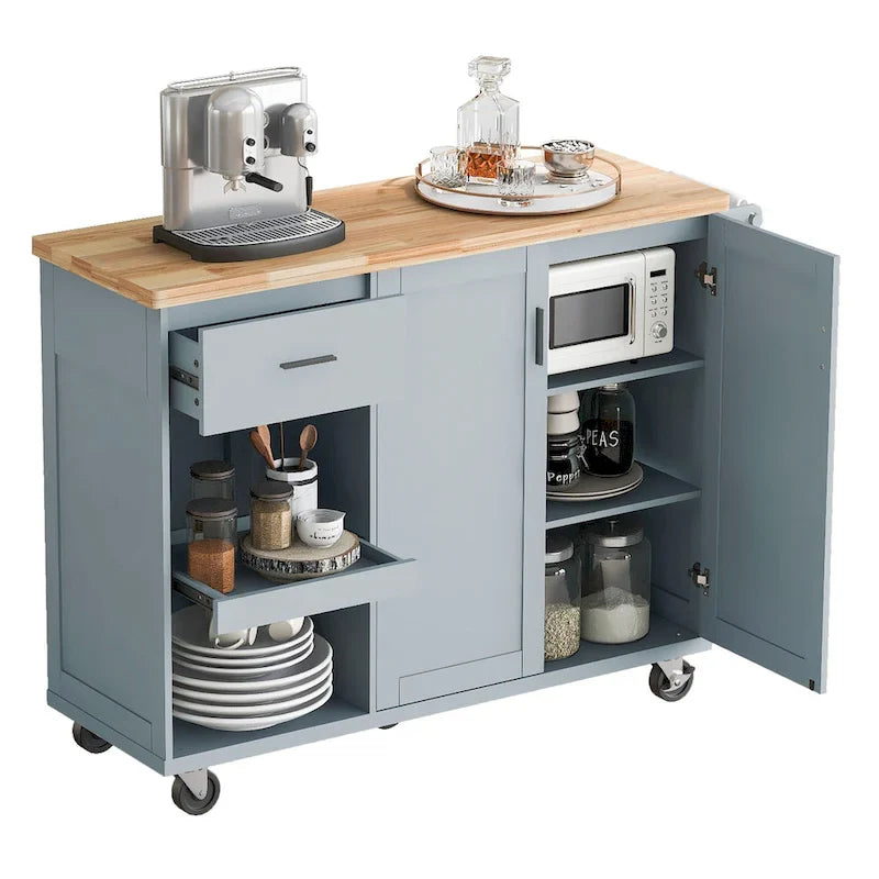 Kitchen Island with Foldable Counter Top, Kitchen Storage Cart with Slide-Out Shelf, Towel Rack and Drawer, Rolling Wheels