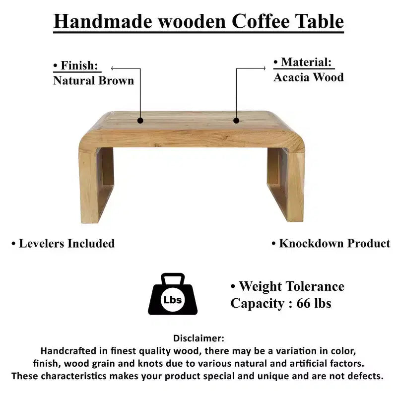 Royal Hampton Coffee Table Handcrafted Natural Acacia Wood Rectangular Curved Waterfall Top, 36 Inch